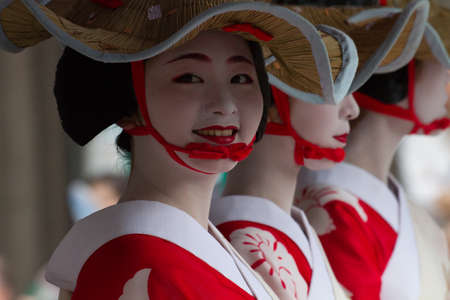 KYOTO - JULY 24  Unidentified Maiko girl  or Geiko lady  on parade of hanagasa in Gion Matsuri  Festival  held on July 24 2014 in Kyoto, Japan  It is one of Kyoto s renowned three great festivals  のeditorial素材