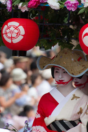 KYOTO - JULY 24  Unidentified Maiko girl  or Geiko lady  on parade of hanagasa in Gion Matsuri  Festival  held on July 24 2014 in Kyoto, Japan  It is one of Kyoto s renowned three great festivals  のeditorial素材
