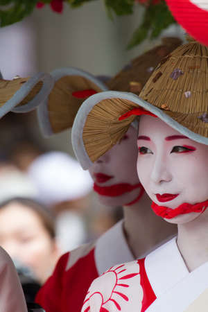 KYOTO - JULY 24  Unidentified Maiko girl  or Geiko lady  on parade of hanagasa in Gion Matsuri  Festival  held on July 24 2014 in Kyoto, Japan  It is one of Kyoto s renowned three great festivals  のeditorial素材