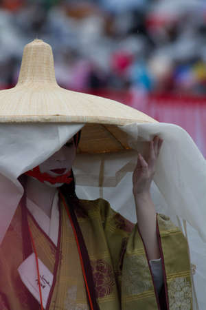 KYOTO, JAPAN - OCT 22: Unidentified participants at The Jidai Matsuri(historical parade) held on October 22(rainy day), 2014 in Kyoto, Japan. It is one of Kyoto\'s renowned three great festivals.のeditorial素材