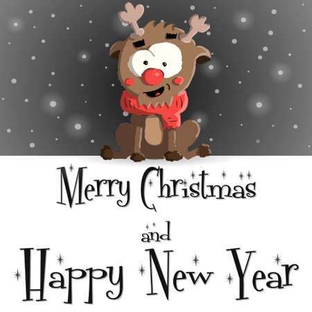 Happy New Year black greeting card with cute smiling deer Ruddy illustrationのイラスト素材