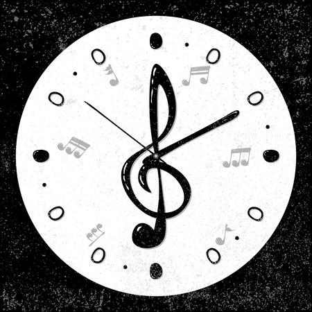Retro styled, musical treble clef with notes, clock concept with black background, vector illustrationのイラスト素材