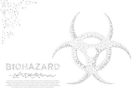 Biohazard epidemic symbol. Low poly wireframe illustration. Vector polygonal image, consisting of points, lines, and shapes in the form of stars, triangles with destructing shapes on white backgroundのイラスト素材