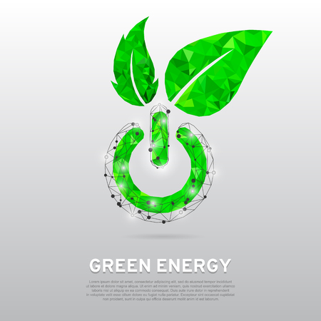 Green ECO Energy Power button with leaves for ecology, eco friendly, natural business or product, green low poly vector illustration abstract concept art on gray backgroundのイラスト素材