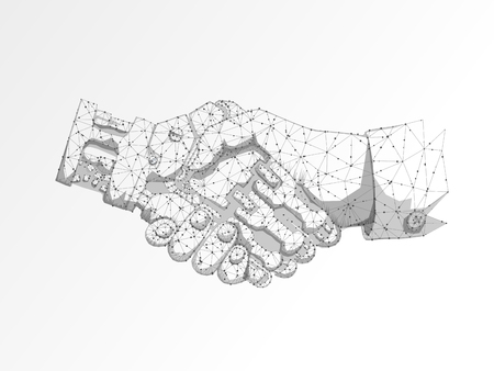 Business human and robot hands shake. Polygonal space low poly with connecting dots and lines. Future wireframe concept. Connection structure. Vector science illustration on white backgroundのイラスト素材