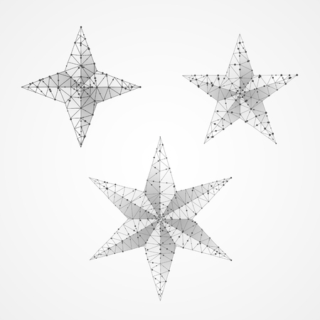 Set of Volumetric stars. Polygonal space low poly with connecting dots and lines. Star in the sky concept. Connection wireframe structure. Vector on white backgroundのイラスト素材