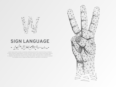 Origami Sign language V letter, hand with three fingers pointing up gesture, Polygonal low poly. Deaf People silent communication alphabet. Connection wireframe. Vector on white backgroundのイラスト素材