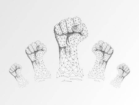 Origami Revolution Sign gesture. Group of Clenched fist raised in air. Victory, solidarity, punch, strike, change protest. Deaf People silent communication alphabet. Vector on white backgroundのイラスト素材