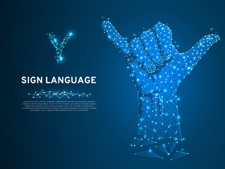 Sign language Y letter, two fingers pointing up, hand showing Yes gesture, Polygonal low poly. Deaf People silent communication alphabet. Connection wireframe. Vector on dark blue backgroundのイラスト素材