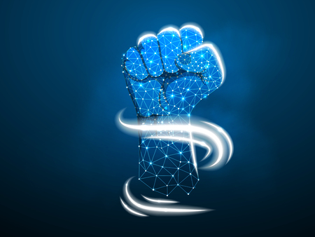 Fist. Low poly frame and dots. The concept of a polygonal 3D agreement on a dark blue background. Business concept with geometric triangle. Vector Abstract powerのイラスト素材