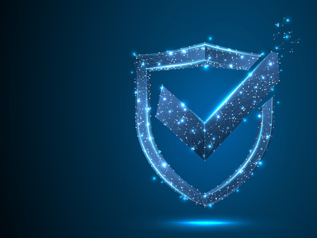 Shield with Check mark. Network security, safety, privacy concept. Neon shield protection abstract low poly, polygonal, wireframe image. Vector 3d shield illustration on blue backgroundのイラスト素材