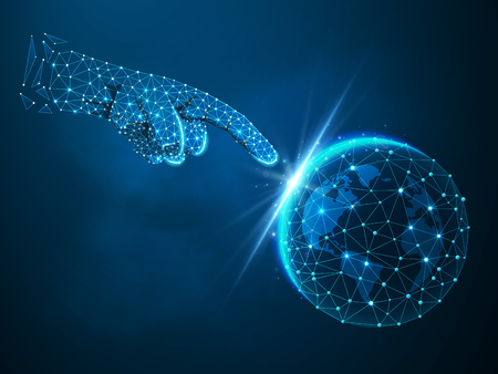 Hand pointing on planet Earth view from space. Vector polygonal image in the form of Globe with starry sky, consisting of points, lines, and shapes ozone shieldのイラスト素材