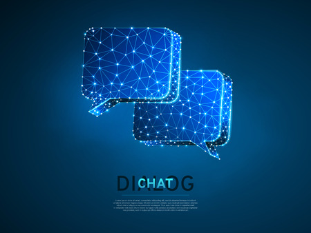 Dialogue, Chat clouds. Wireframe digital 3d illustration. Low poly technology, devices, people communication concept on blue background. Abstract Vector polygonal neon Social Network symbol RGBのイラスト素材