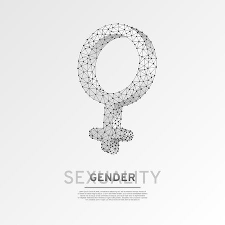 Female gender symbol. Wireframe digital 3d illustration. Low poly women sexuality concept on white background. Abstract Vector polygonal origami style LGBT sign. RGB color modeのイラスト素材