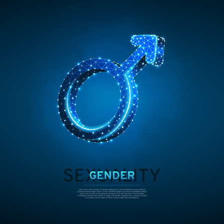 Male gender symbol. Wireframe digital 3d illustration. Low poly men sexuality concept on blue background. Abstract Vector polygonal neon LGBT sign. RGB color modeのイラスト素材