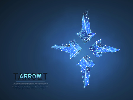 Arrows pointing in the middle. Business Technological success concept. Polygonal science Vector 3d illustration. Neon Low poly. Connection wireframe mesh structure on dark blue background in RGB Colorのイラスト素材