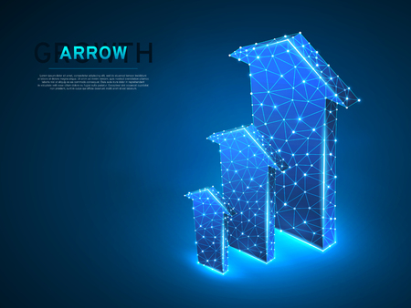 Arrow growth, success, team work sign. Three arrow goes up wireframe digital 3d illustration. Low poly colaboration concept with lines, dots on blue background. Vector neon polygonal RGB colorのイラスト素材