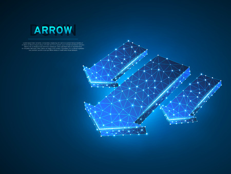 Arrow failure, success, team work sign. Three arrows goes down wireframe digital 3d abstract illustration. Low poly collaboration concept with lines, dots on blue background. Vector neon polygonal RGBのイラスト素材