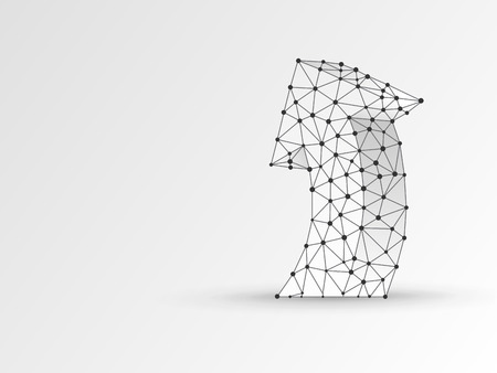 Arrow growth, success, team work abstract sign. One arrow goes up wireframe digital 3d illustration. Low poly collaboration concept with lines, dots on white background. Vector origami polygonal RGBのイラスト素材