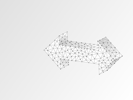 Crossroad direction two ways arrows wireframe digital 3d illustration. Low poly crossway choice concept with lines, dots, starry sky on white background. Vector polygonal road guide origami style signのイラスト素材
