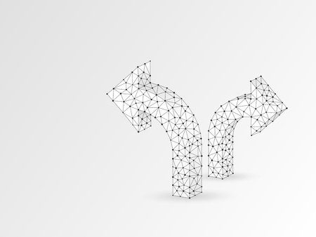 Crossroad direction two ways arrows wireframe digital 3d illustration. Low poly crossway choice concept with lines, dots, starry sky on white background. Vector polygonal road guide origami style signのイラスト素材
