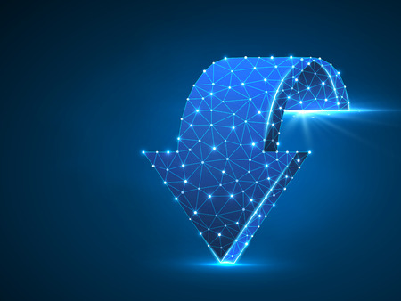 Arrow moving forward wireframe digital 3d illustration. Low poly Business visionary, challenge, goal concept with lines, dots and starry sky on blue background. Vector polygonal road guide neon RGBのイラスト素材