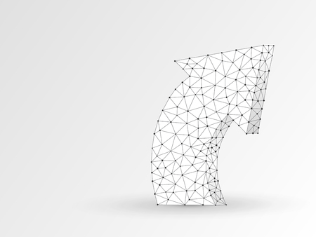 Arrow growth, success, team work abstract sign. One arrow goes up wireframe digital 3d illustration. Low poly collaboration concept with lines, dots on white background. Vector origami polygonal RGBのイラスト素材