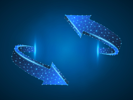 Crossroad direction two ways arrows abstract wireframe digital 3d illustration. Low poly crossway choice concept with lines, dots, starry sky on blue background. Vector neon polygonal up and down signのイラスト素材