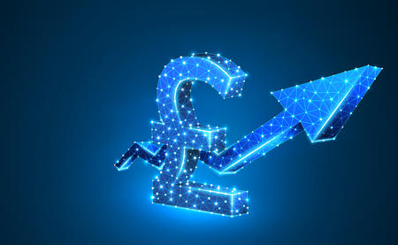 Growth arrow chart, British Pound currency sign, digital neon 3d illustration. Polygonal Vector business success, data cash, finance concept. Low poly wireframe, triangle, lines, dots. Blue backgroundのイラスト素材
