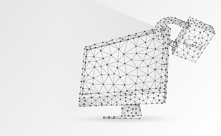 Computer monitor with security lock symbol. Devices protection, password, privacy concept. Abstract, digital, wireframe, low poly mesh, vector white origami 3d illustration. Triangles, lines, dotsのイラスト素材