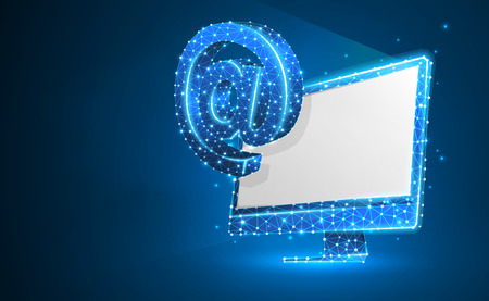 Internet AT symbol on white monitor screen. Device, e-mail, mailing, communication concept. Abstract, digital, wireframe, low poly mesh, vector blue neon 3d illustration. Triangle, line, dot, starのイラスト素材