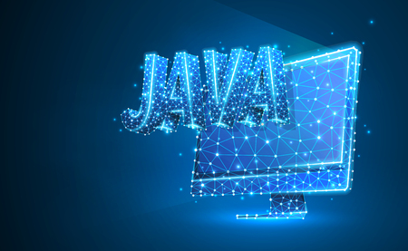 JAVA coding language on monitor screen. Device, programming, developing concept. Abstract, digital, wireframe, low poly mesh, vector blue neon 3d illustration. Triangle, line, dot, starのイラスト素材