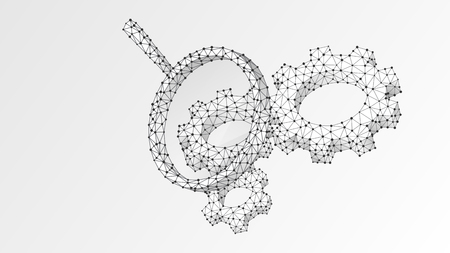 Magnifying glass. Gears technology Analysis. Industry, business solution, engineering concept. Abstract, digital, wireframe, low poly mesh, vector white origami 3d illustration. Triangle, line, dotのイラスト素材