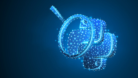 Magnifying glass Analysis of Python coding language. Research, programming, developing concept. Abstract, digital, wireframe, low poly mesh, vector blue neon 3d illustration. Triangle, line, dot, starのイラスト素材