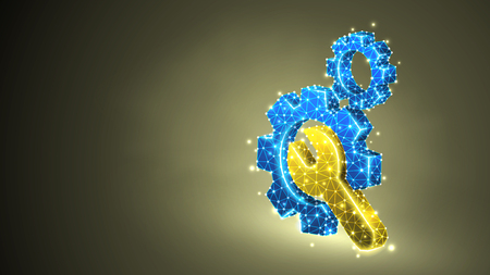 Gears, adjustable wrench. Industry, business solution, technology, machine engineering concept. Abstract, digital, wireframe, low poly mesh, vector colorful 3d illustration. Triangle, line, dot, starのイラスト素材