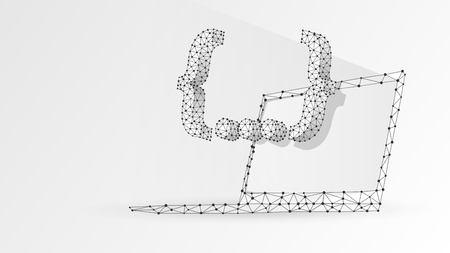 Quote Curly Bracket symbol on laptop screen. People social network communication concept. Abstract, digital, wireframe, low poly mesh, vector white origami 3d illustration. Triangle, line, dotのイラスト素材
