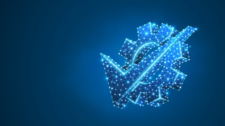 Gear, check mark. Industry, business solution, technology approved, machine choice concept. Abstract, digital, wireframe, low poly mesh, vector blue neon 3d illustration. Triangle, line, dot, starのイラスト素材