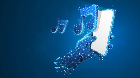Phone in a hand playing music. Polygonal technology of device, note, sound, smartphone player concept. Abstract, digital, wireframe low poly mesh vector blue neon 3d illustration. Triangle line dotのイラスト素材