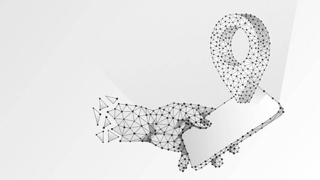 Phone in a hand, GPS location Pin. Business travelling, navigation technology, smartphone map concept. Abstract, digital wireframe low poly mesh vector white origami 3d illustration. Triangle line dotのイラスト素材