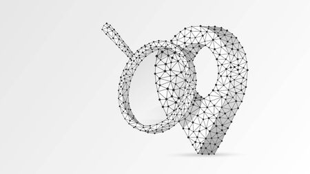 Magnifying glass on GPS Pin marker. Map analysis, traveling safety, geolocation research concept. Abstract, digital, wireframe low poly mesh vector white origami 3d illustration. Triangle line dotのイラスト素材