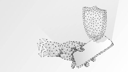 Phone in a hand, Security shield on mobile screen. Gadget protection concept. Abstract, digital, wireframe, low poly mesh, polygonal Vector white origami 3d illustration. Triangle, lineのイラスト素材