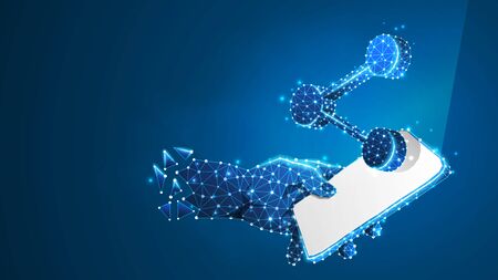 Phone in a hand with Share symbol on white screen. People communication concept. Abstract, digital, wireframe, low poly mesh, polygonal vector blue neon 3d illustration. Triangle, lineのイラスト素材