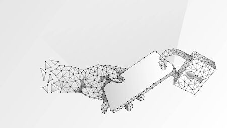 Locked Phone in a hand. Mobile protection, gadget safety technology concept. Abstract, digital, wireframe, low poly mesh, Polygonal Vector white origami 3d illustration. Triangle line dotのイラスト素材