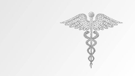 Caduceus health symbol. medical symbol, health care concept. Abstract, digital, wireframe, low poly mesh, vector white origami 3d illustration. Triangle line dotのイラスト素材