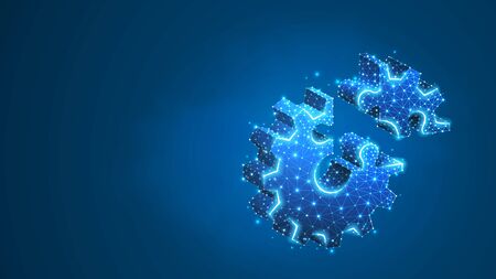 Gear Jigsaw Puzzle. Industry development, engine work, business solution concept. Mechanical technology symbol. Abstract, digital, wireframe, low poly mesh, vector blue neon 3d illustration. Line dotのイラスト素材
