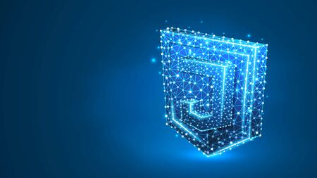 JS, Java Script coding language sign. Device, programming, developing concept. Abstract, digital, wireframe, low poly mesh, vector blue neon 3d illustration Triangle, line dotのイラスト素材