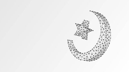 Crescent and star, Sacral symbol of Islam. Muslim religion, Arabic culture, ramadan sign concept. Abstract, digital, wireframe, low poly mesh, vector white origami 3d illustration. Triangle, line dotのイラスト素材