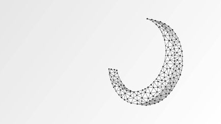 Crescent moon. Moon on dark blue night sky with stars. Night symbol. Muslim, Arabic, Ramadan sign concept. Abstract, digital, wireframe, low poly mesh, vector white origami 3d illustration. Line, dotのイラスト素材