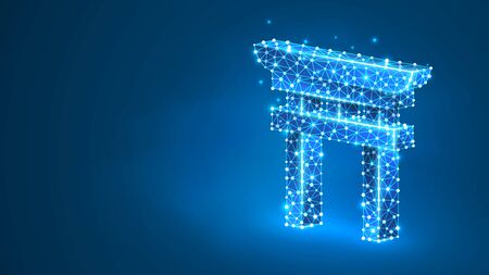 Japanese Torii gate silhouette. Shinto door, kami-no-Michi symbol of ethnic religion of Japan. Abstract, digital, wireframe, low poly mesh, vector blue neon 3d illustration. Triangle, line dotのイラスト素材