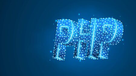 Hypertext Preprocessor coding language sign, text silhouette. Device, programming, developing concept. Abstract, digital, wireframe, low poly mesh, vector blue neon 3d illustration. Line dotのイラスト素材